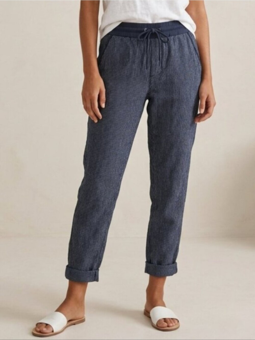 Athleta Bali Linen Striped Ankle Pants Cuffed Hem